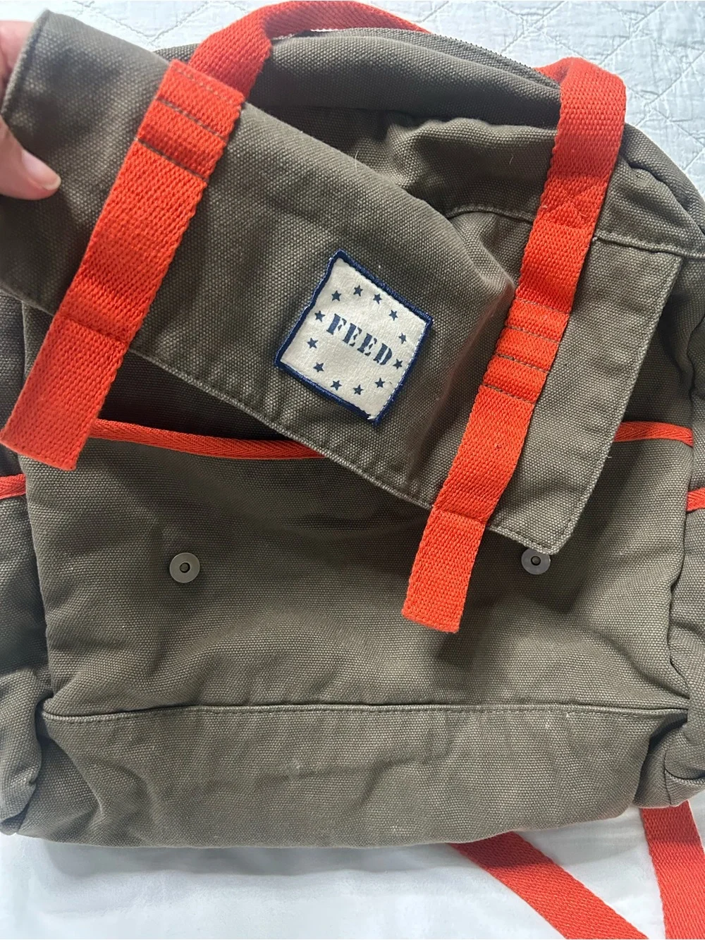 Unisex Canvas Backpack in Olive with Orange Accents